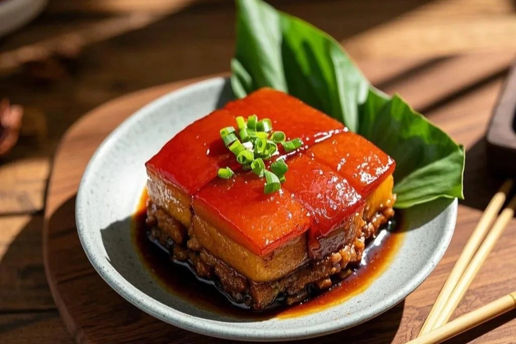 Dongpo pork braised belly cubes in soy sauce glaze, Hangzhou classic