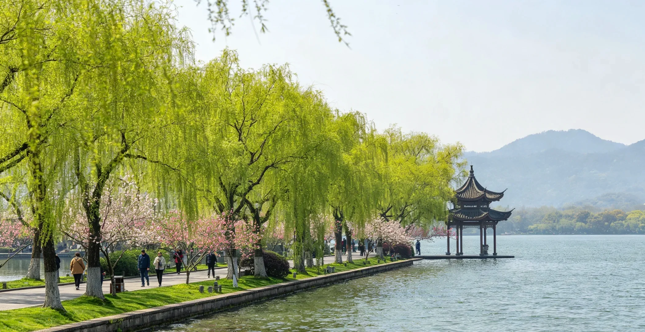 West Lake causeway with willow trees, Hangzhou