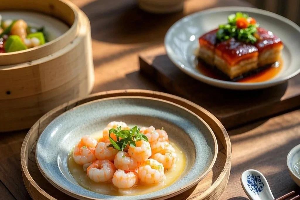 Longjing shrimp tea-infused river shrimp in light broth, Hangzhou specialty