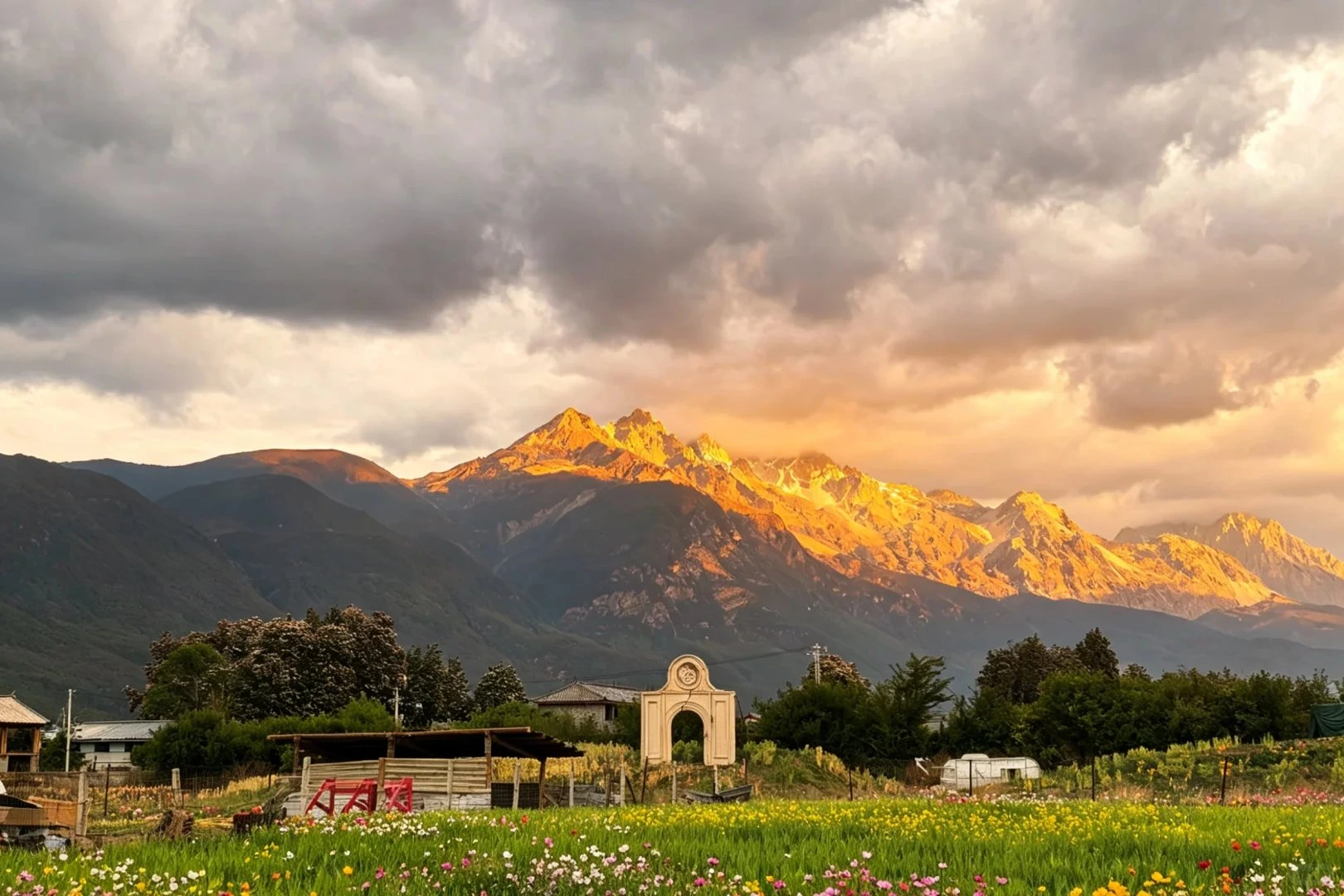 Baisha Old Town flower fields with Jade Dragon Snow Mountain glowing golden at sunset behind village houses