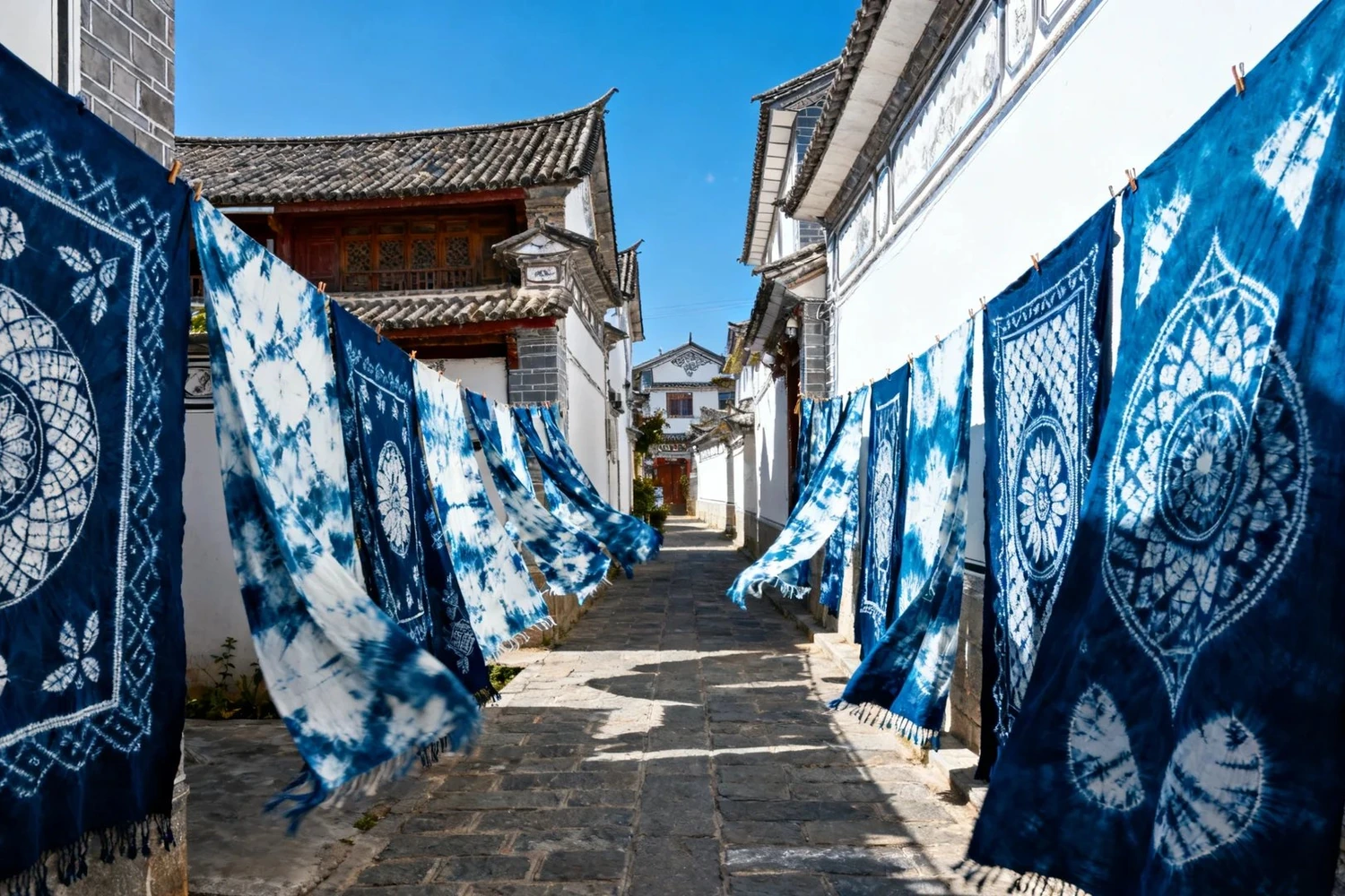 Traditional Bai tie-dye indigo blue fabric drying in a narrow alley of Dali Old Town