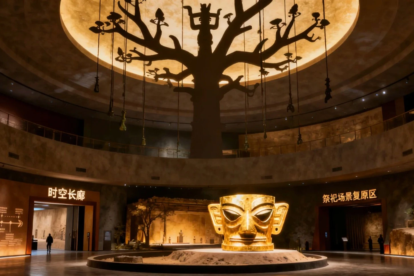 Sanxingdui Museum's iconic giant bronze mask with protruding eyes beneath the bronze sacred tree installation