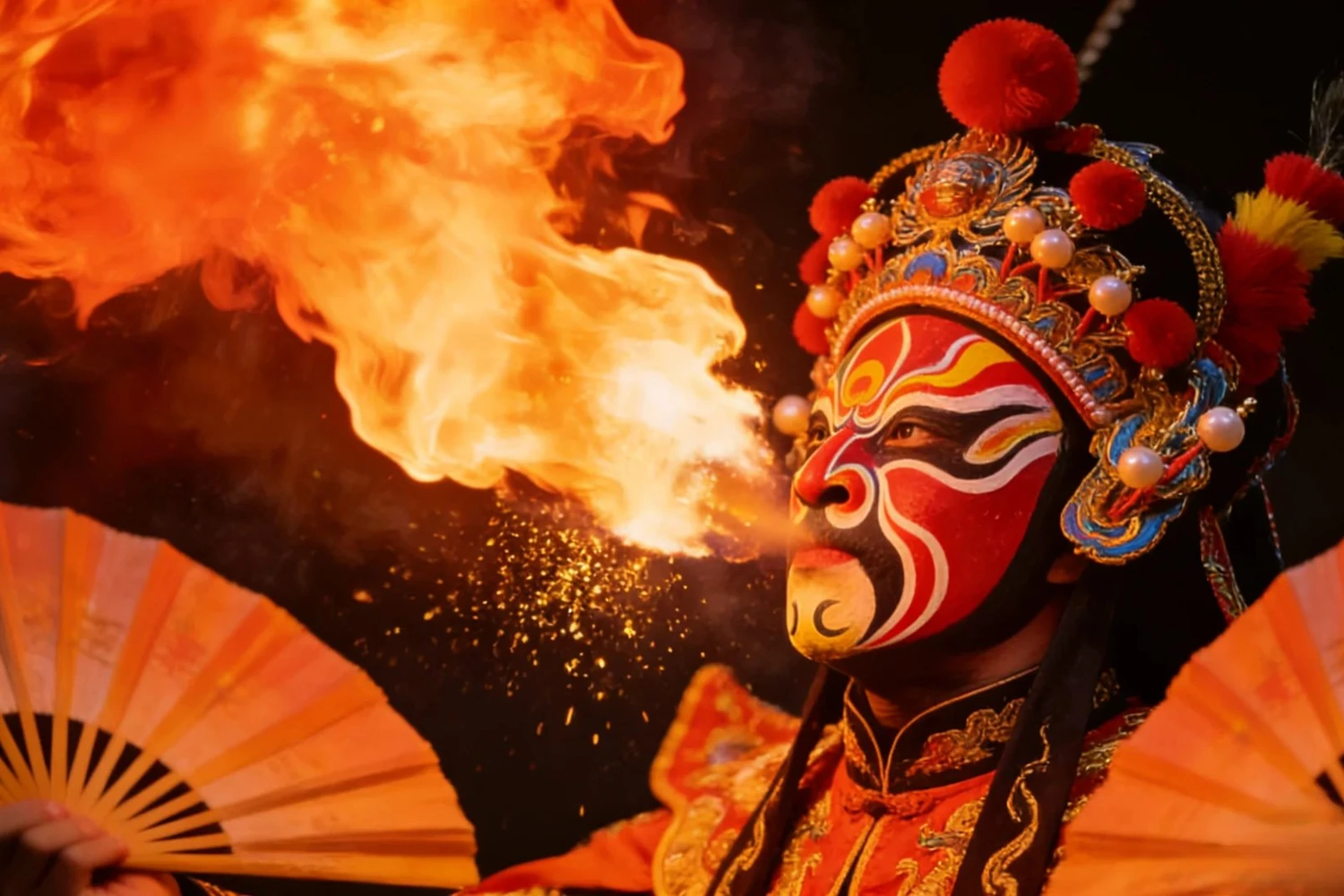Sichuan opera performer in vibrant face-paint and embroidered costume with traditional folding fans, mid face-changing performance