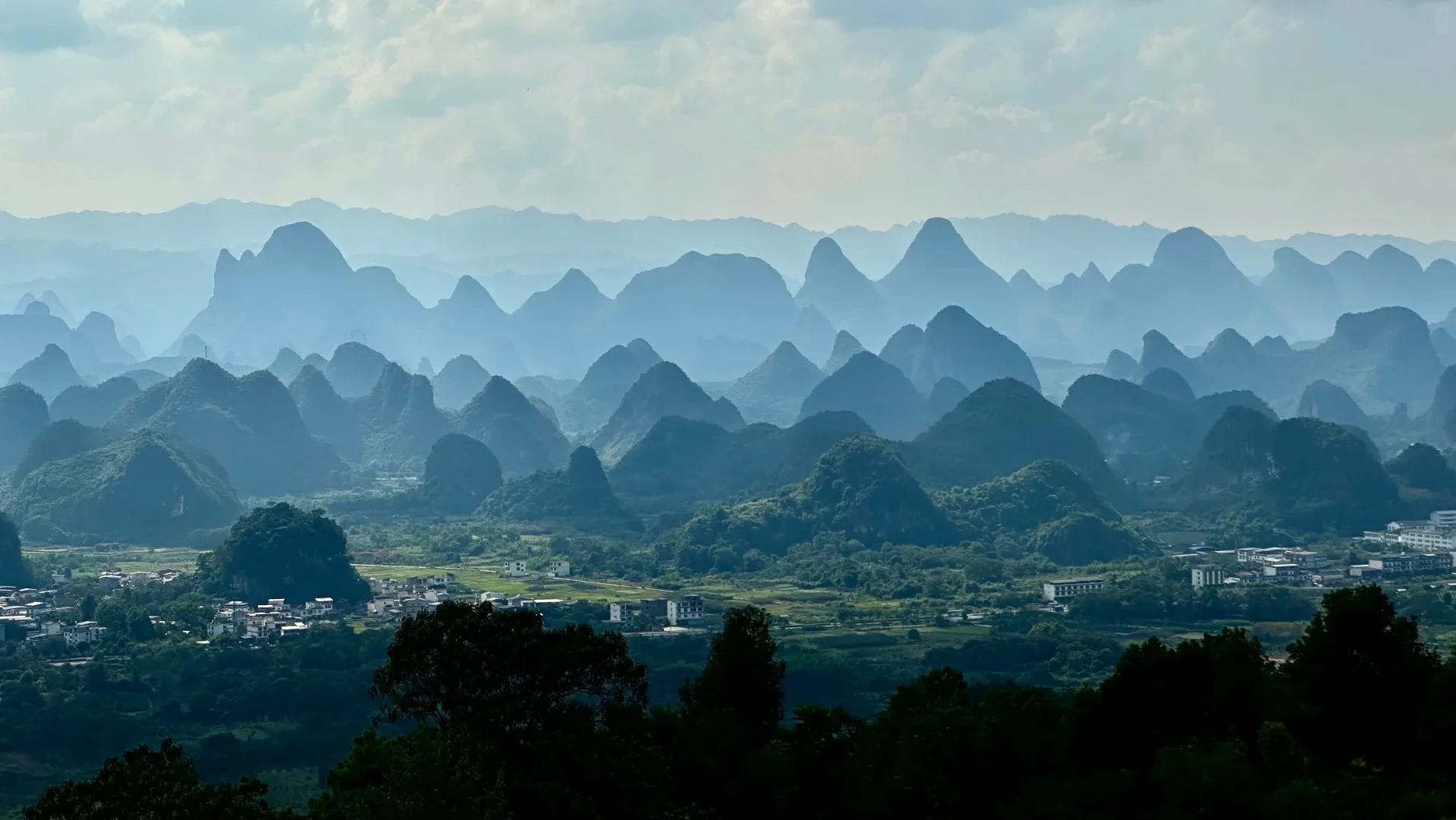 Panoramic karst landscape from Qianli Jiangshan viewpoint