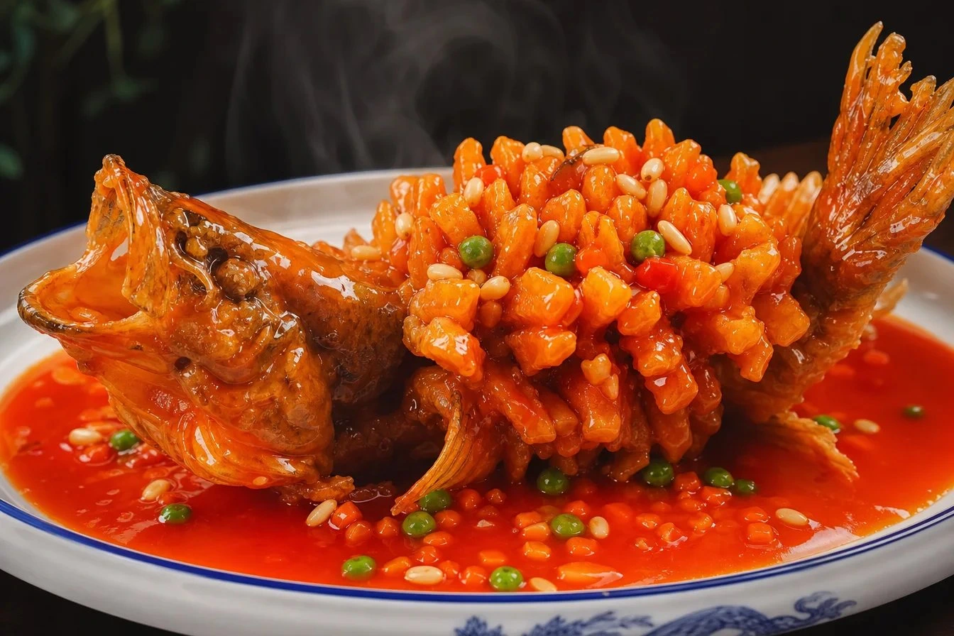 Squirrel Mandarin Fish (松鼠鳜鱼) — Suzhou's signature dish, garnished with pine nuts and peas in sweet-sour sauce