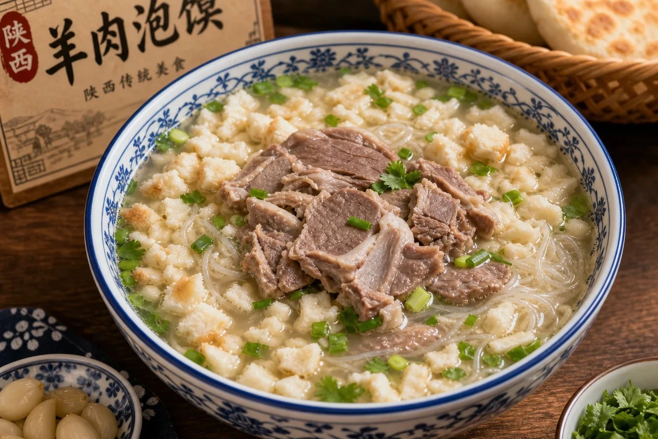 Traditional Yangrou Paomo — Shaanxi lamb soup with hand-torn flatbread in a blue-and-white porcelain bowl